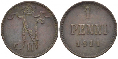 Россия для Финляндии 1 пенни 1911 Николай II (1894-1917) KM 13, Биткин 471 медь 4396-1356