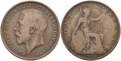 Великобритания 1 пенни 1918 Георг V (1910-1936) KM 810, Spink 4051 бронза 4572-1231
