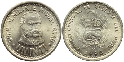Перу 1 инти 1985 LIMA, Мигель Грау KM 296 медно-никель UNC 176-921