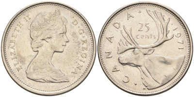 Канада 25 центов 1971 Елизавета II (1952-2022), олень KM 62 b никель 4577-357