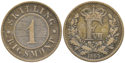 ДАНИЯ 1 СКИЛЛИНГ РИГСМОНТ 1863 ФРЕДЕРИК VII (1848-1863) KM 763 (С135) бронза 34-533