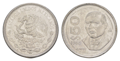 Мексика 50 песо 1988 Mo, новый тип, гурт гладкий KM 495a нержавеющая сталь aUNC 4637-746
