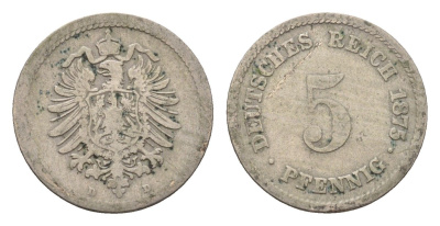 Германия 5 пфеннигов 1875 D, Вильгельм I (1871-1888) KM 3, J. 3 медно-никель 4632-614