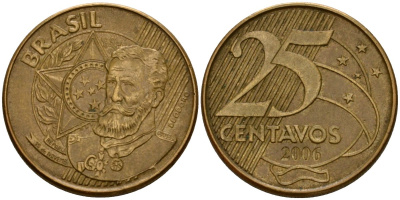 Бразилия 25 сентаво 2006 KM 650 сталь плакированная латунью 216-1121