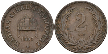 Венгрия 2 филлера 1897 KB, Франц Иосиф I (1848-1916) KM 481 бронза 4151-935