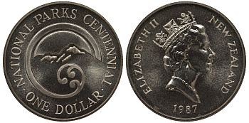 Новая Зеландия 1 доллар 1987 100 лет Национальному парку, Елизавета II (1952-2022) KM 65 медно-никель UNC 4537-215
