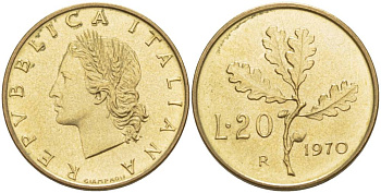 ИТАЛИЯ 20 ЛИР 1970 R, ДУБОВЫЕ ЛИСТЬЯ KM 97.2 алюминиевая бронза UNC 4551-251
