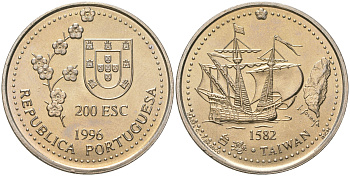 Португалия 200 эскудо 1996 Путешествие на Тайвань в 1582 году KM 692 медно-никель UNC 4677-125