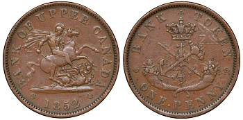 Канада 1 пенни 1852 банка Верхней Канады, Upper Canada CCT PC-6B, Breton His 719, KM Tn3 медь 1531-214