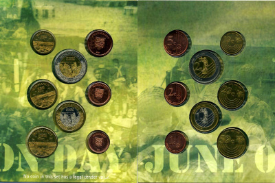 Франция, Нормандия набор из 8 монет 2005 1 евроцент-2 евро, европробники, в оригинальном буклете, D-DAY UNC 00-00