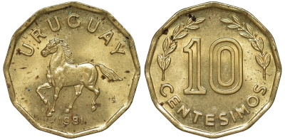 Уругвай 10 сентесимо 1981 KM 66 алюминиевая бронза 4169-468