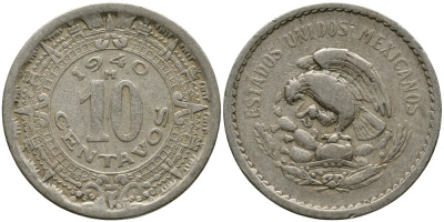 МЕКСИКА 10 СЕНТАВО 1940 Мо KM 132 медно-никель 119-116