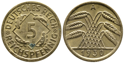 ГЕРМАНИЯ 5 РЕЙХСПФЕННИГОВ 1930 A KM 39, J. 316 алюминиевая бронза 39-564