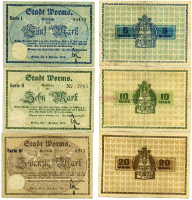 ВОРМС, ГЕРМАНИЯ НАБОР ИЗ 3 БАНКНОТ 1918-1919 15 ОКТЯБРЯ 1918 - 1 ФЕВРАЛЯ 1919, НОТГЕЛЬД, ЗЕМЛЯ РЕЙЛЯНД-ПФАЛЬЦ (5, 10, 20 МАРОК) Geiger 569.01а, 569.02а, 569.03а бумага 8613-17-1-2