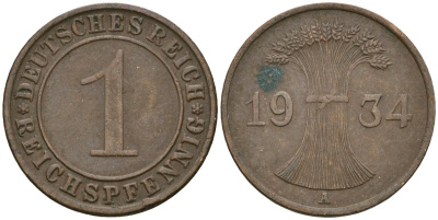 Германия 1 рейхспфенниг 1934 A KM 37, J. 313 бронза 4189-1232