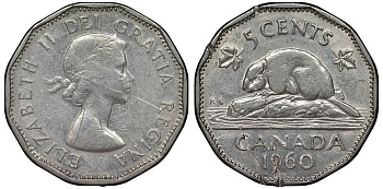 Канада 5 центов 1960 бобр, Елизавета II (1952-) KM 50а никель 4128-544