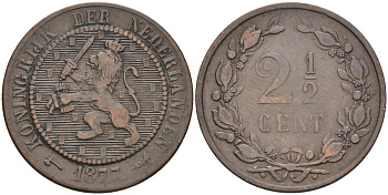 Нидерланды 2 1/2 цента 1877 Виллем III (1849-1890) KM 108 бронза 4575-914