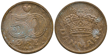 Дания 50 эре 1989 Маргрете II (1972- ) KM 866.1 бронза 89-1751