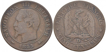 ФРАНЦИЯ 5 САНТИМОВ 1855 D, НАПОЛЕОН III (1852-1870) KM 777.4, LE FRANC 116.22 бронза 4448-1233