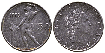 ИТАЛИЯ 50 ЛИР 1993 R, КУЗНЕЦ КМ 95.2 сталь 4379-917