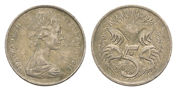 Австралия 5 центов 1976 Елизавета II (1952-2022) молодой портрет, ехидна KM 64 медно-никель 4152-226