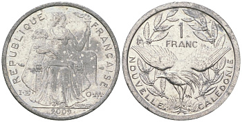 Французская Новая Каледония 1 франк 2009 птица кагу, (IEOM) KM 10, Schoen 10 алюминий 55-1151