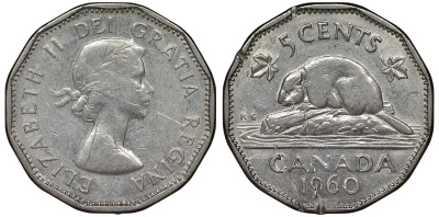 Канада 5 центов 1960 бобр, Елизавета II (1952-) KM 50а никель 4128-544