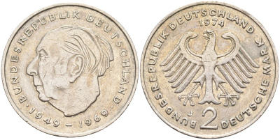 ФРГ 2 марки 1974 J , Теодор Хойс, 20 лет Федеративной Республике (1949-1969) KM A127, J. 407 медно-никель плакированный никелем 4139-212