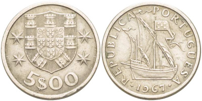 ПОРТУГАЛИЯ 5 ЭСКУДО 1967 ПАРУСНИК KM 591 медно-никель 4513-1042