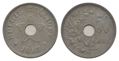 Бельгия 50 сантимов 1918 германская оккупация Первая мировая война, Альберт I (1909-1934) KM 83 цинк 4156-1057