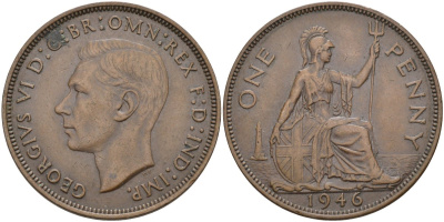 Великобритания 1 пенни 1946 Георг VI (1936-1952) KM 845, Spink 4114 бронза 4593-441