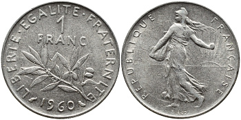 ФРАНЦИЯ 1 ФРАНК 1960 СЕЯТЕЛЬ KM 925.1, LE FRANC 226.4 никель 4393-214
