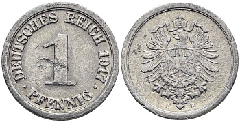 Германия 1 пфенниг 1917 F KM 24, J. 300, Weege 2 алюминий 4547-116
