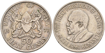Кения 50 центов 1971 Джомо Кениата KM 13 медно-никель 4124-752