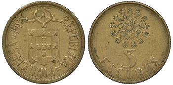 Португалия 5 эскудо 1988 KM 632 никель латунь 4122-346