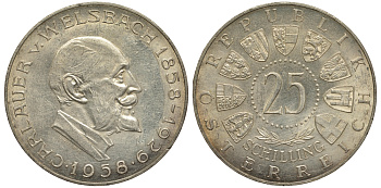 Австрия 25 шиллингов 1958 100 лет со дня рождения Карла Вельсбаха KM 2884 серебро aUNC 1520-144