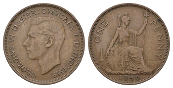 Великобритания 1 пенни 1946 Георг VI (1936-1952) KM 845, Spink 4114 бронза 221-722