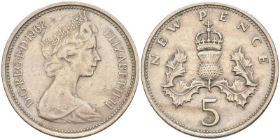 Великобритания 5 пенсов 1968 Елизавета II (1952-2022) KM 911, Spink 4233 (D1) медно-никель 4116-753