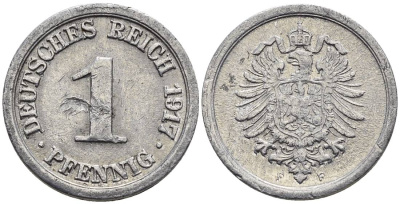 Германия 1 пфенниг 1917 F KM 24, J. 300, Weege 2 алюминий 4547-116