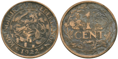 Нидерланды 1 цент 1922 Вильгельмина (1890-1948) KM 152 бронза 4576-1054