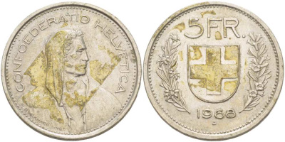 Швейцария 5 франков 1968 В, первый год KM 40а.1 медно-никель 215-743