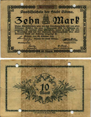 ГЕРМАНИЯ 10 МАРОК 1918 28 ОКТЯБРЯ 1918, АЛЬТОНА (ОДИН ИЗ СЕМИ РАЙОНОВ ГОРОДА ГАМБУРГА), НОТГЕЛЬД бумага 444-146-2