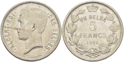 БЕЛЬГИЯ 5 ФРАНКОВ 1931 АЛЬБЕРТ I, DES BELGES KM 97.1 никель 3851-142