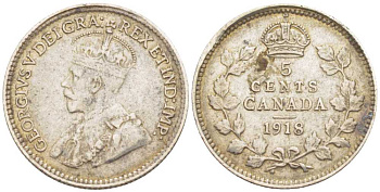 Канада 5 центов 1918 Георг V (1910-1936) KM 22 серебро 211-417