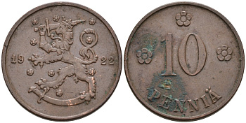 Финляндия 10 пенни 1922 республика (1918-1962) KM 24 медь 4563-613