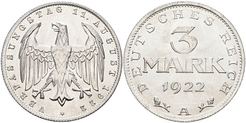Германия 3 марки 1922 A, третья годовщина Веймарской Конституции KM 29, J.303 алюминий UNC 4587-245
