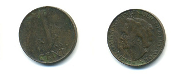 Нидерланды 1 цент 1948 Вильгельмина (1890-1948), год тип KM 175 бронза 80-943