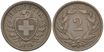 Швейцария 2 раппена 1875 B KM 4 бронза 4547-1033