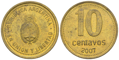 Аргентина 10 сентаво 2007 KM 107a, CJ 3, Schon 110a сталь плакированная латунью 4609-1256