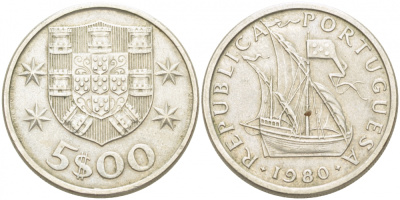 ПОРТУГАЛИЯ 5 ЭСКУДО 1980 ПАРУСНИК KM 591 медно-никель 77-413